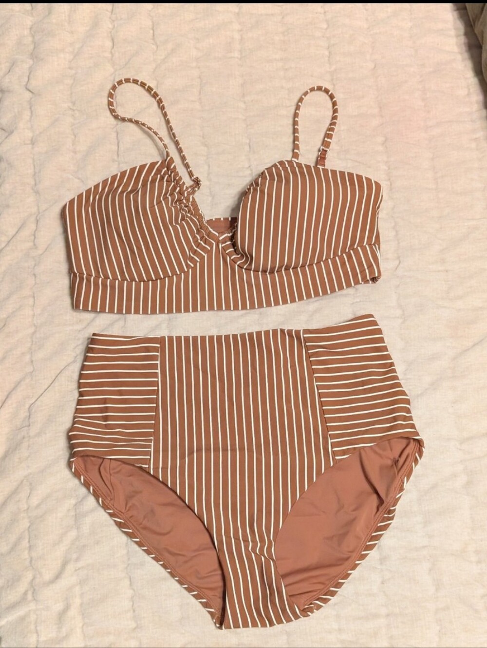 CALIA Brown & White Stripe High-Waisted Bikini Set, Sizes: Top M, Bottom S - Picture 2 of 7